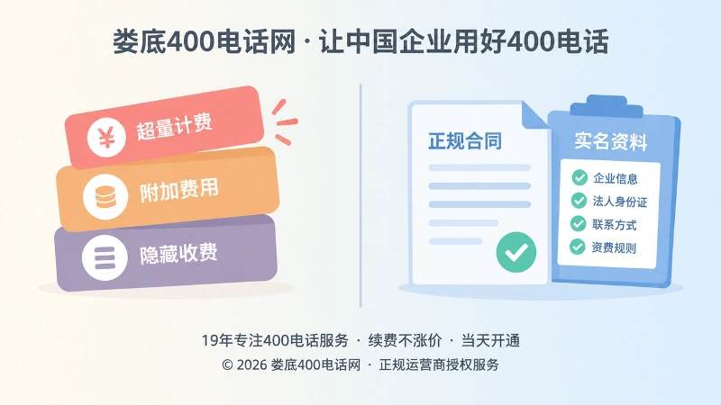 左右对比扁平插画：左侧是费用图标堆叠，右侧是合同文件与档案清单，表现计费边界与资费规则核验