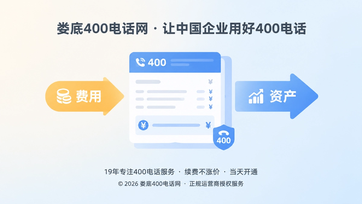 扁平化插画：中央一张套餐账单卡片与品牌徽章，箭头分别指向费用与资产，呼应400电话套餐从通信费用转向品牌资产